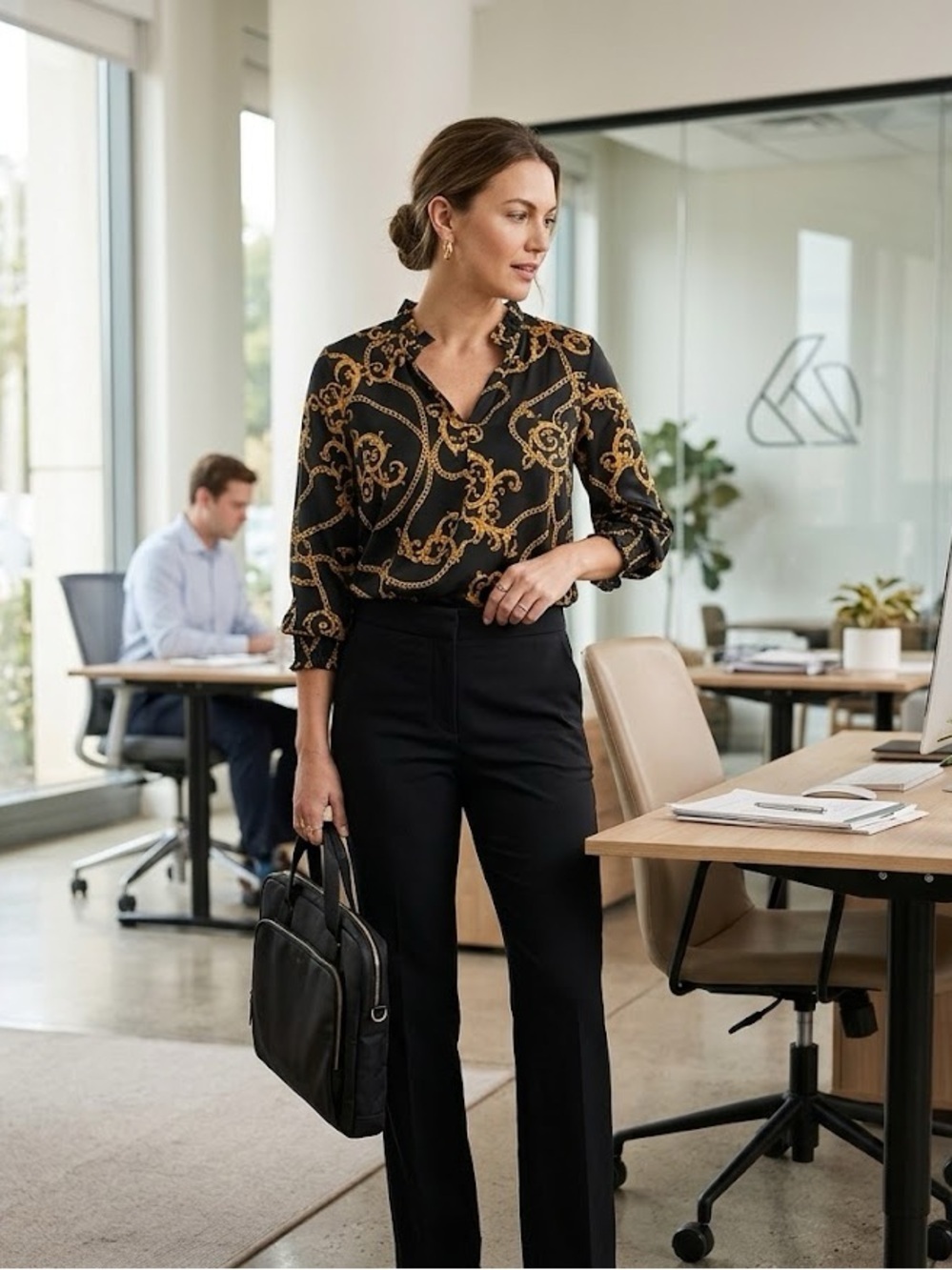 GILNER FARRAR 3/4 bubble Sleeve blouse in black chain print SzL